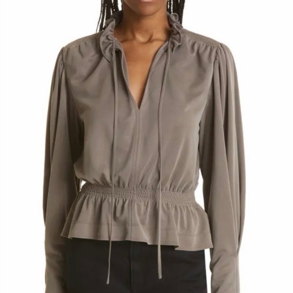 Rebecca Taylor Ruffle Slit Tie Neck Cropped Peplum Elastic Waist Top Taupe XS